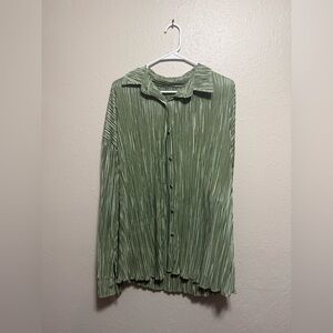 Green Pleated Button-Up Shirt